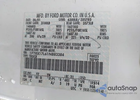 2001 Ford F150 из США, поврежденный, VIN 1FTRX17L61NB83384